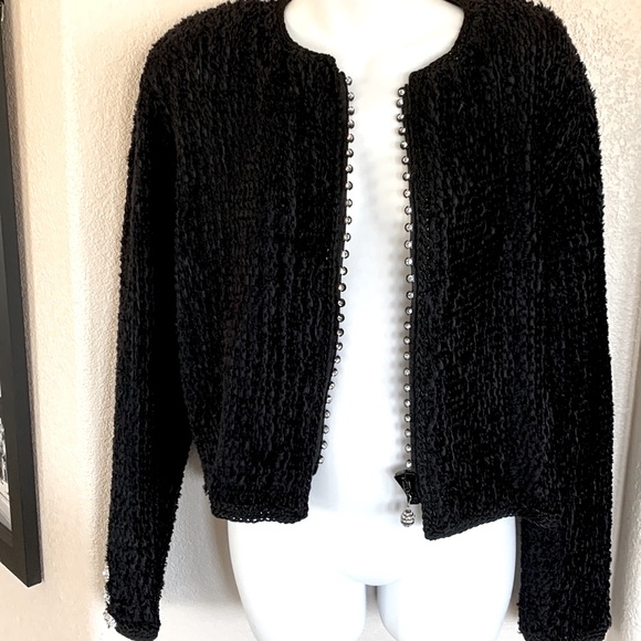 ESTELLE GLACER black artisan chenille cardigan rhinestone embellishments. L - Picture 3 of 17